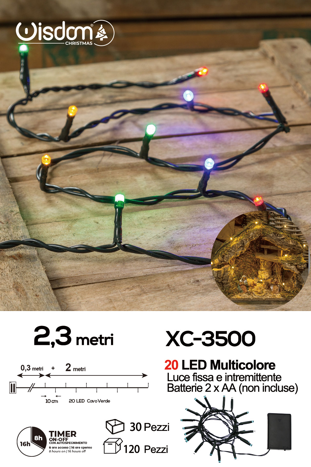 XC-3500 Catena luminosa 20 LED luce multicolor da 2,3 metri alimentazione a batterie (non incluse) per uso interno funzione timer on/off - immagine 1