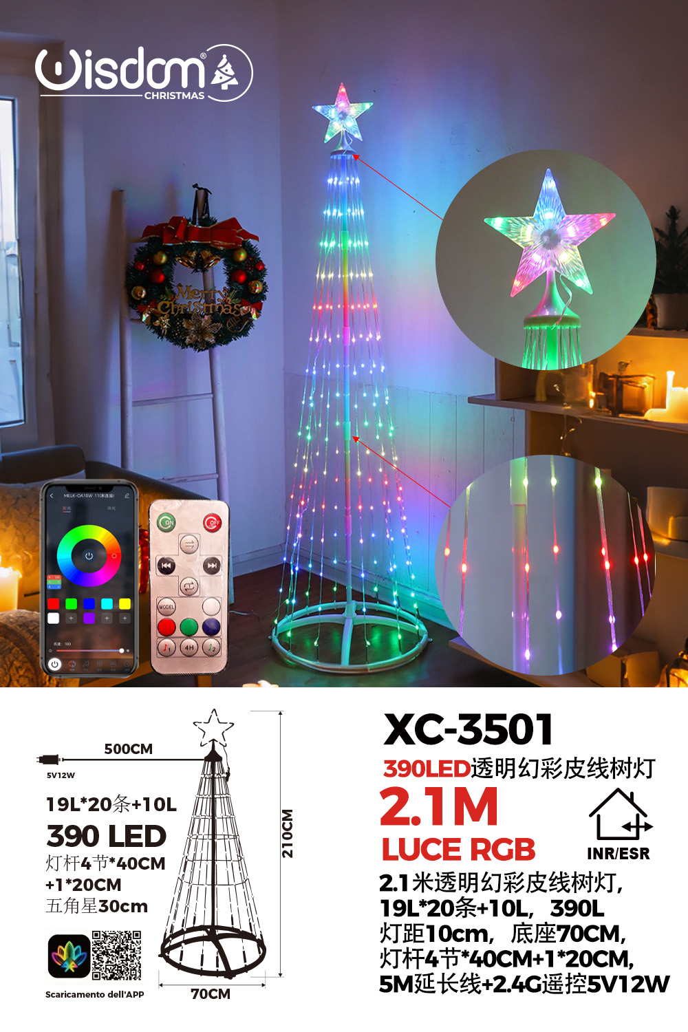XC-3501 Albero di natale smart conico luminoso altezza 2,1 metri con 390 luci colorate LED RGB per uso interno/esterno controllo con telecomando - immagine 1