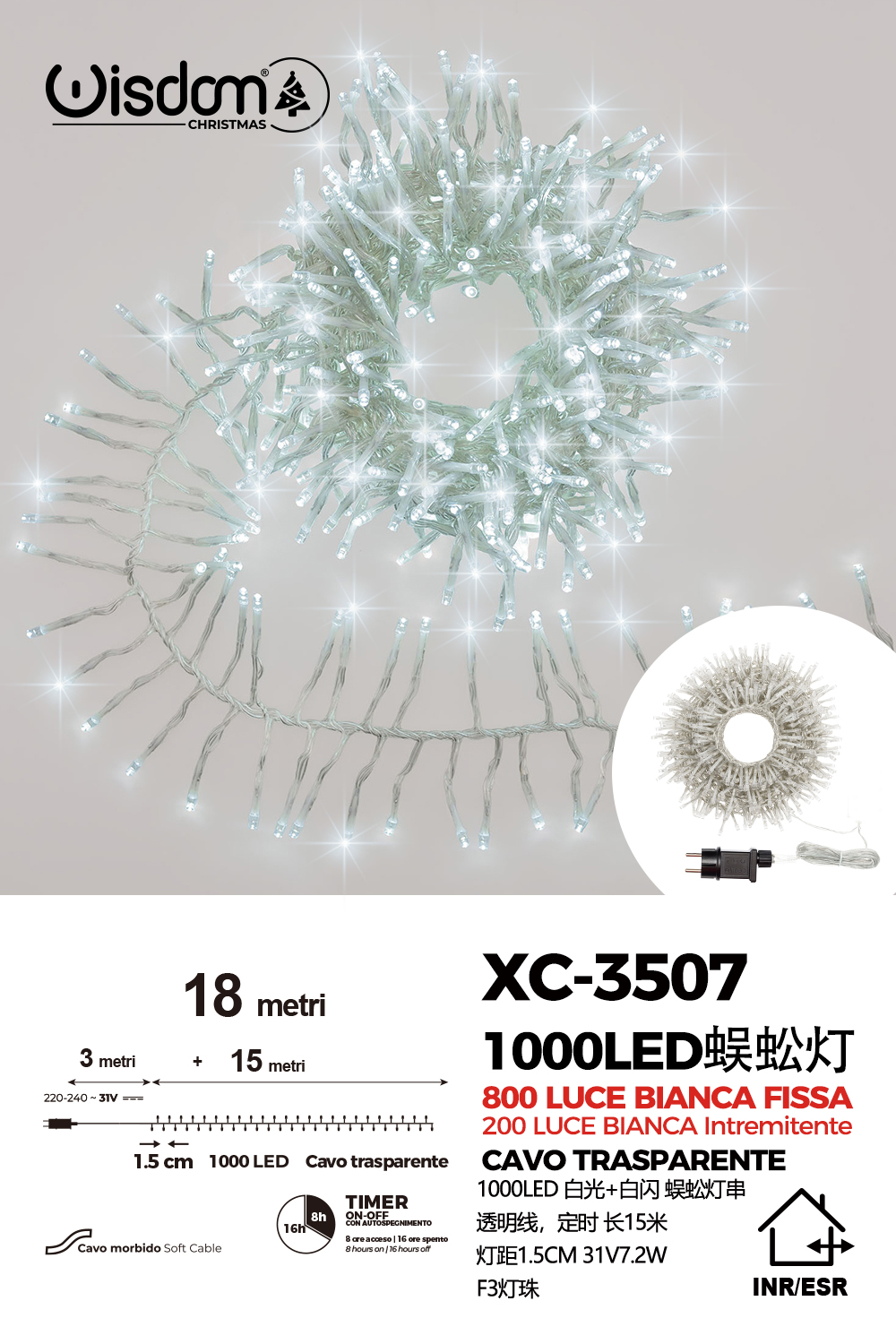 XC-3507 Catena luminosa da 18 metri con 1000 LED luce fredda 800LED luce fissa 200LED luce intermittente flash per uso interno/esterno funzione timer on/off - immagine 1