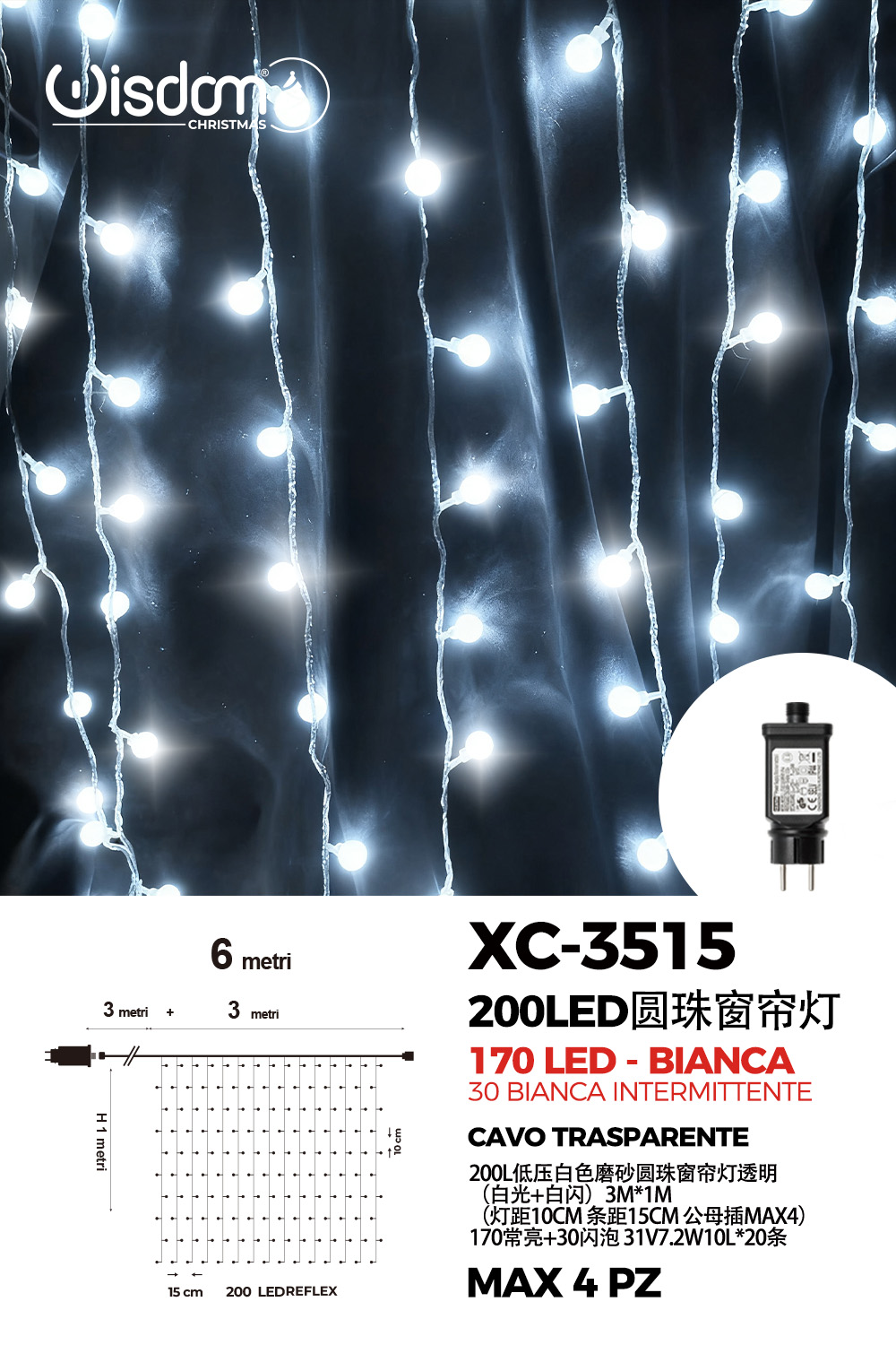 XC-3515 Tenda luminosa natalizia da 6 metri 200 LED luce fredda fissa+intermittente alimentazione a corrente con 8 giochi luce indicato per uso interno/esterno - immagine 1