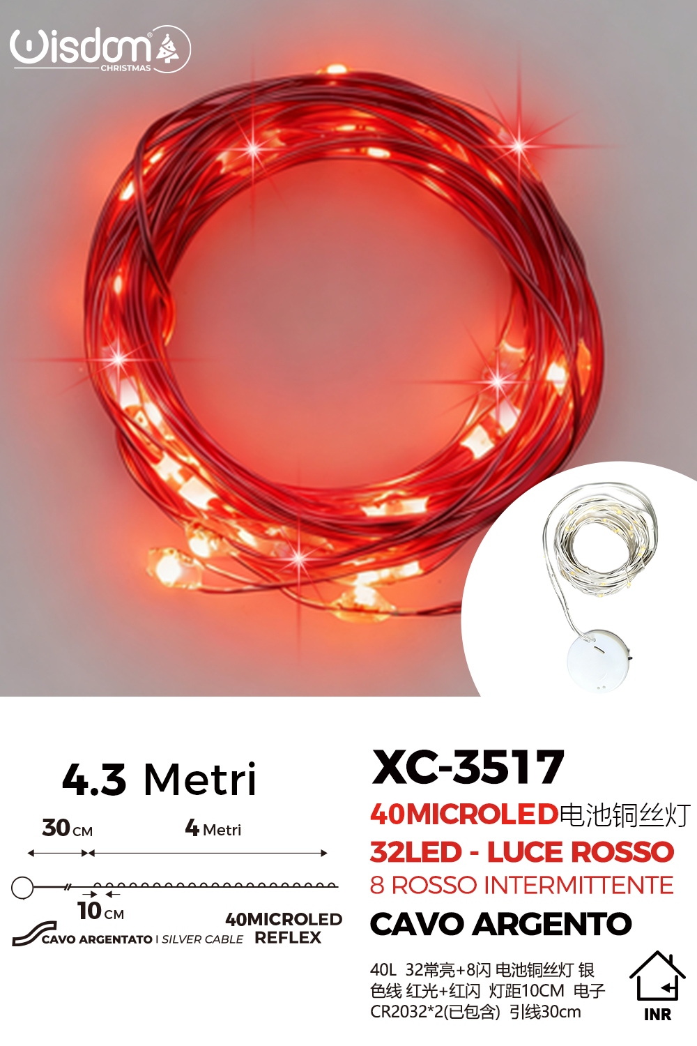 XC-3517 Catena luminosa 40 microLED REFLEX da 4,3 metri (32LED luce rossa + 8luce rossa intermittente alimentazione a pile per uso interno - immagine 1