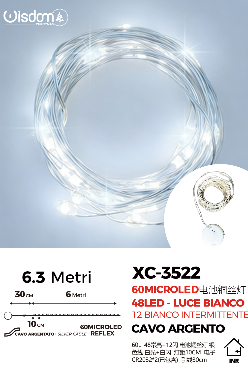 XC-3522 Catena luminosa 60 microLED REFLEX da 6,3 metri (48LED luce bianca + 12luce bianca intermittente alimentazione a pile per uso interno - immagine 1