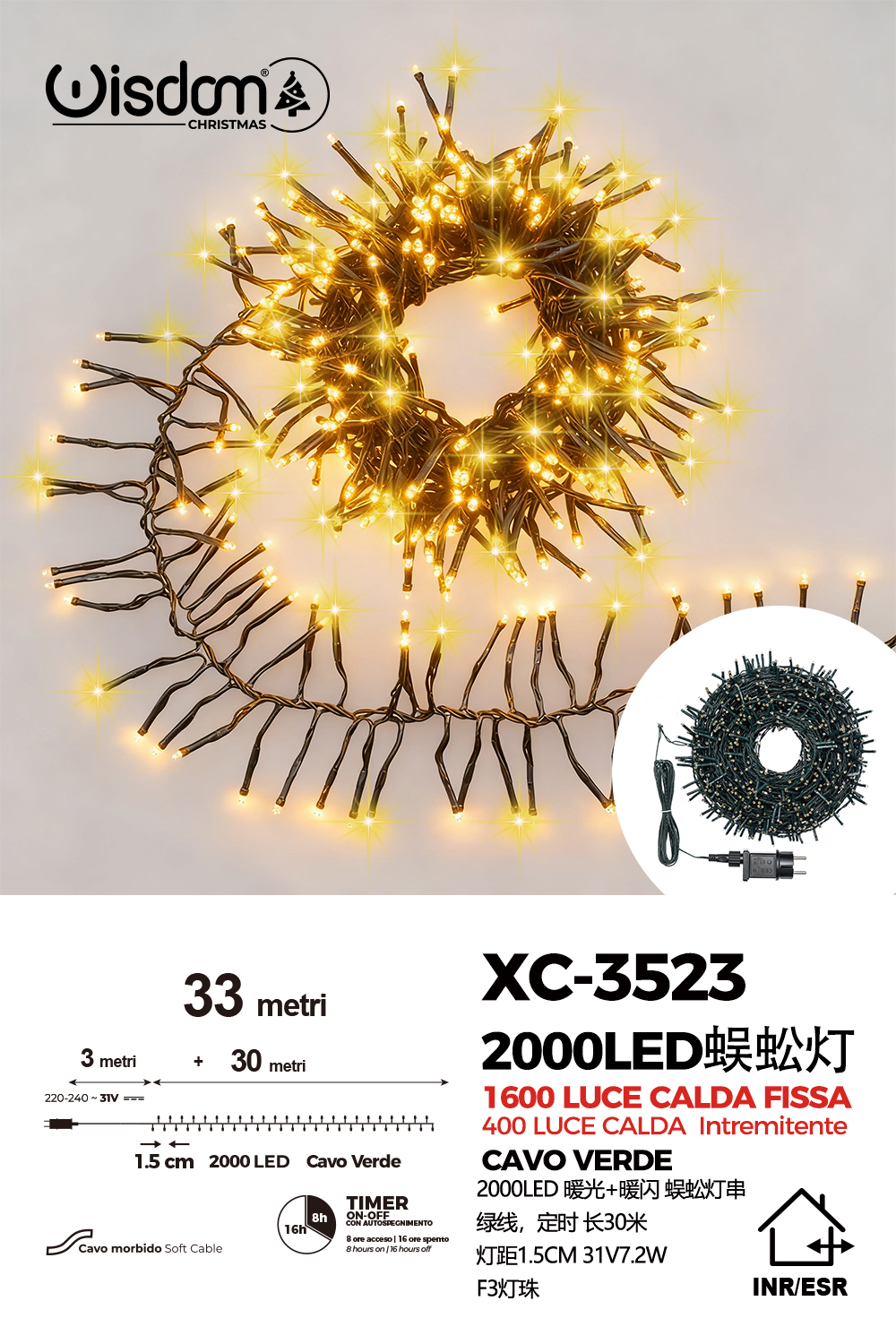 XC-3523 Catena luminosa da 33 metri con 2000 LED luce calda 1600LED luce fissa 400LED luce intermittente flash per uso interno/esterno funzione timer on/off - immagine 1