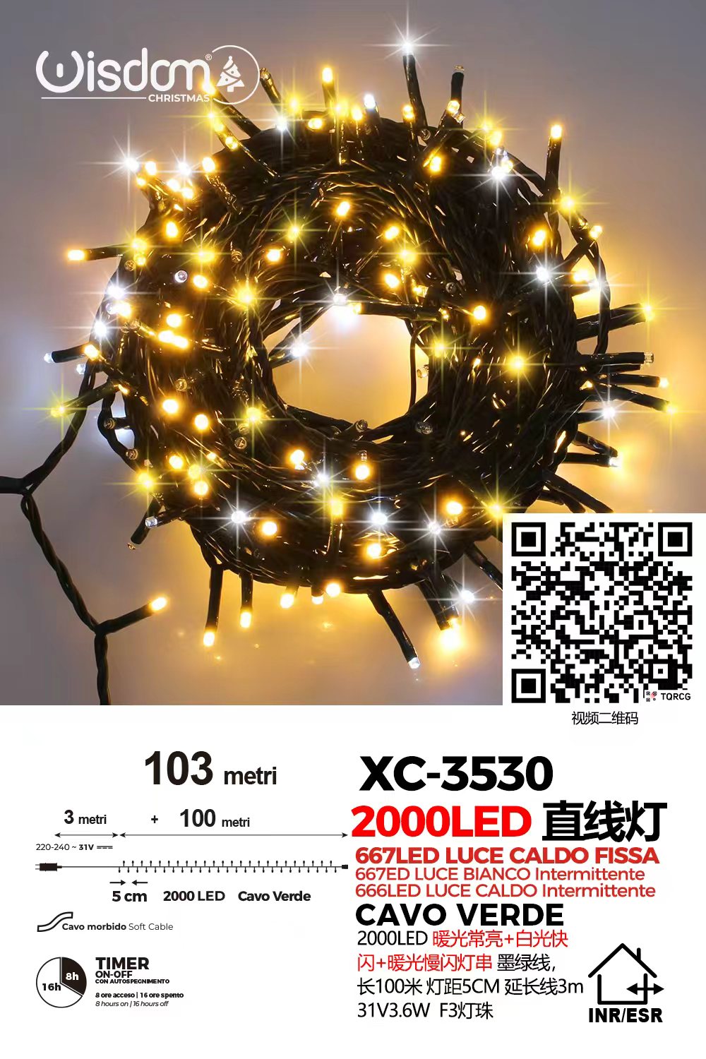 XC-3530 Catena luminosa da 103 metri con 2000 LED totali luce calda fissa+intermittente e fredda con flash per uso interno/esterno funzione timer on/off - immagine 1