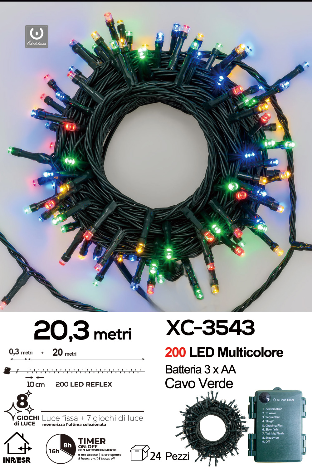 XC-3543 Catena luminosa da 20,3 metri 200 LED REFLEX luce multicolor con luce fissa+7 giochi alimentazione a batterie (non incluse) per uso interno/esterno funzione timer on/off - immagine 1