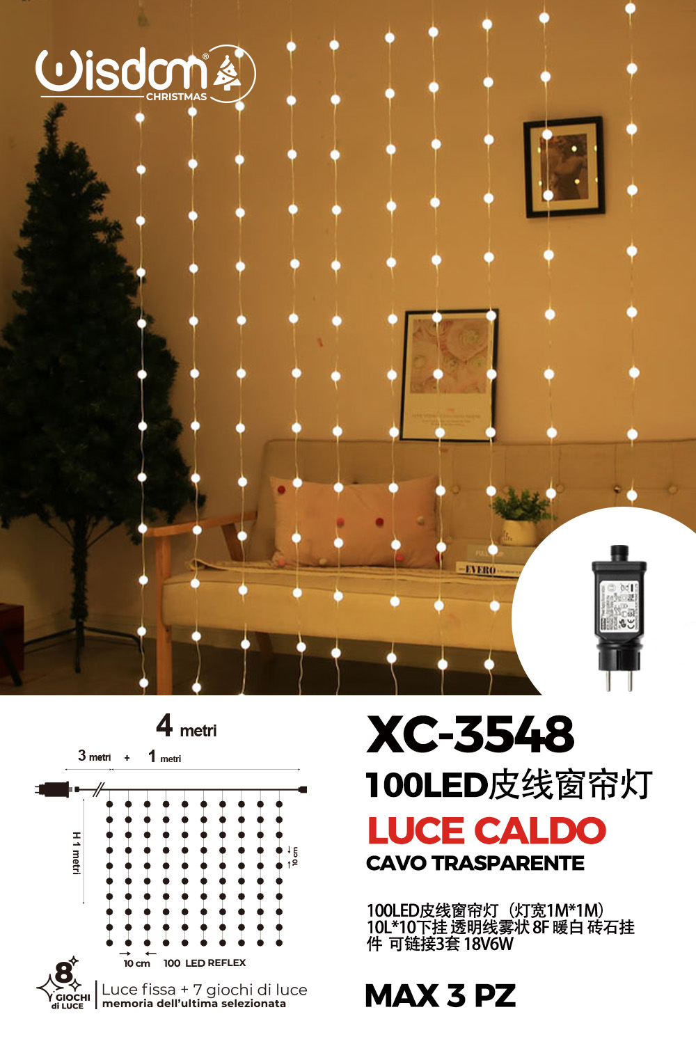 XC-3548 Tenda luminosa natalizia da 4 metri 100 LED luce calda a forma di perline alimentazione a corrente con 8 giochi luce indicato per uso interno - immagine 1