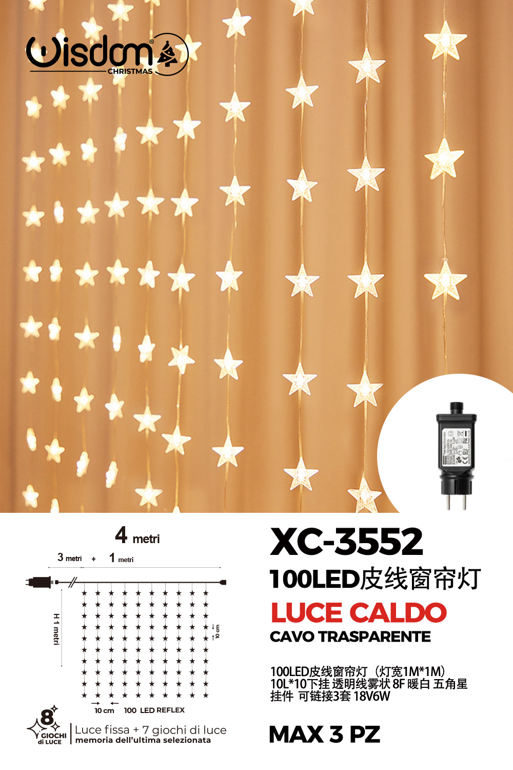 XC-3552 Tenda luminosa natalizia da 4 metri 100 LED luce calda a forma di stelline alimentazione a corrente con 8 giochi luce indicato per uso interno - immagine 1