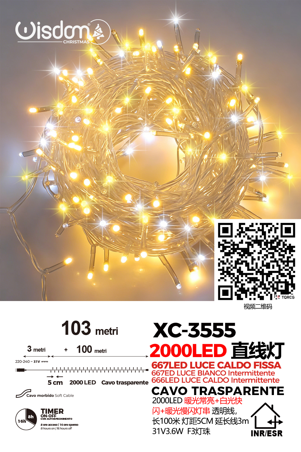XC-3555 Catena luminosa da 103 metri con 2000 LED totali luce calda fissa+intermittente e fredda con flash per uso interno/esterno funzione timer on/off - immagine 1