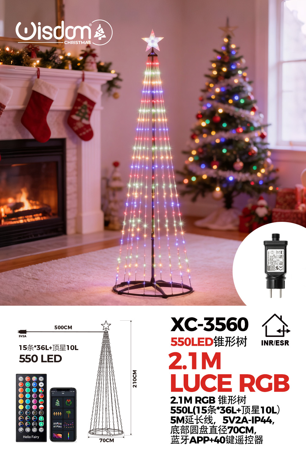 XC-3560 Albero di natale smart conico luminoso altezza 2,1 metri con 550 luci colorate LED RGB per uso interno/esterno controllo con telecomando - immagine 1