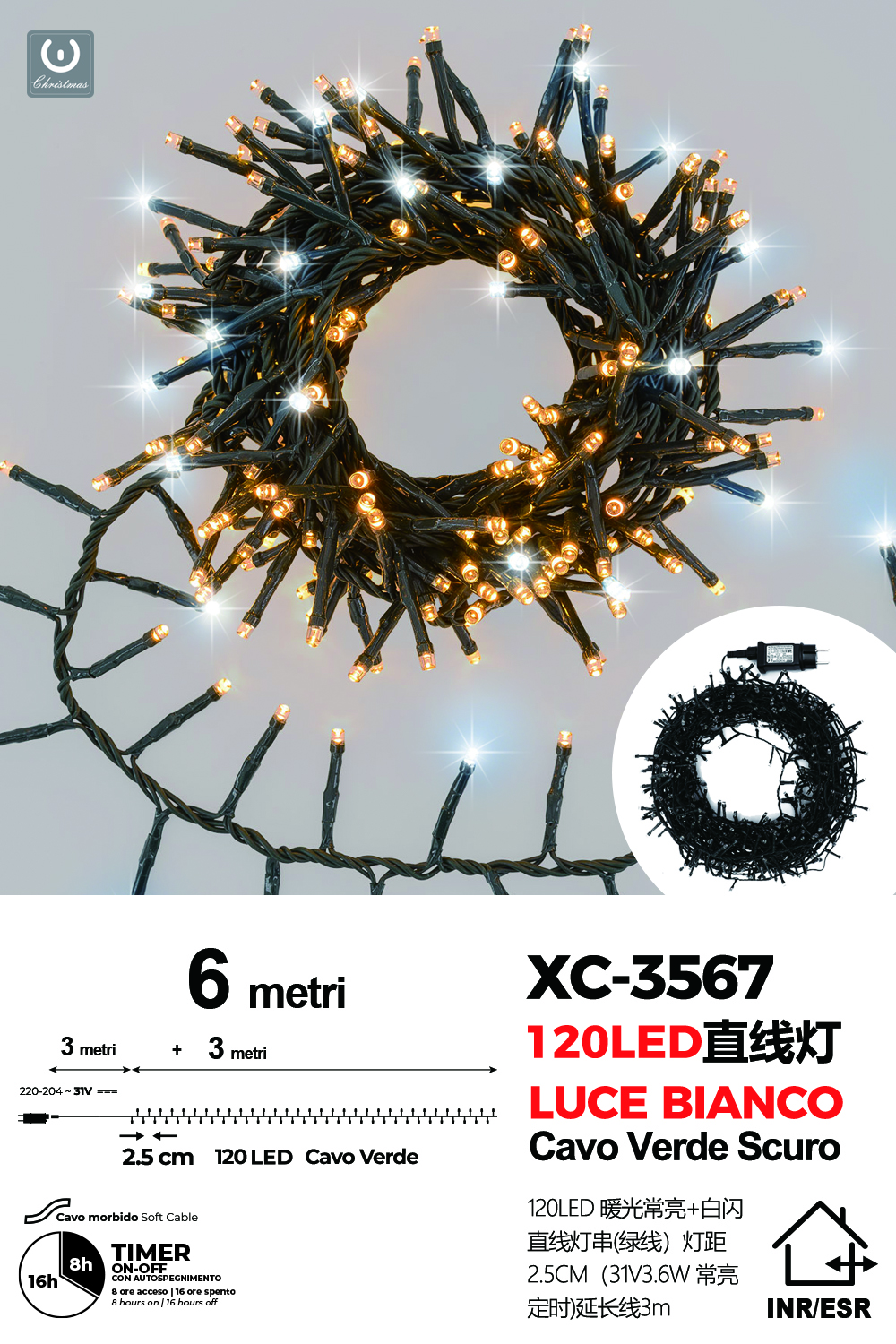 XC-3567 Catena luminosa 120 LED da 6 metri luce calda+flash luce fredda lampeggiante con 8 giochi di luce per uso interno/esterno e funzione timer on/off - immagine 1