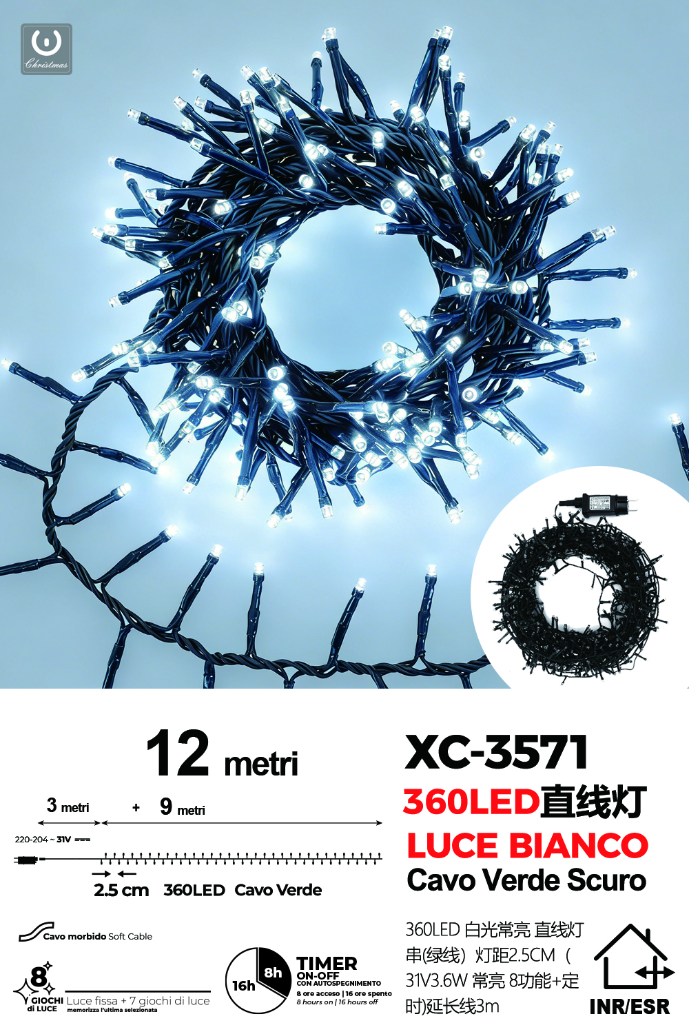XC-3571 Catena luminosa 360 LED luce fredda da 12 metri con 8 giochi di luce per uso interno/esterno funzione timer on/off - immagine 1