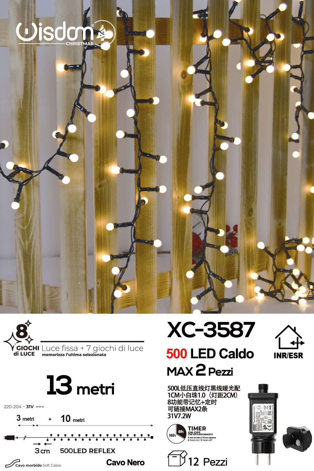 XC-3587 Catena luminosa da 13 metri a forma di perline con 500LED luce calda per uso interno/esterno 8 giochi luce - immagine 1