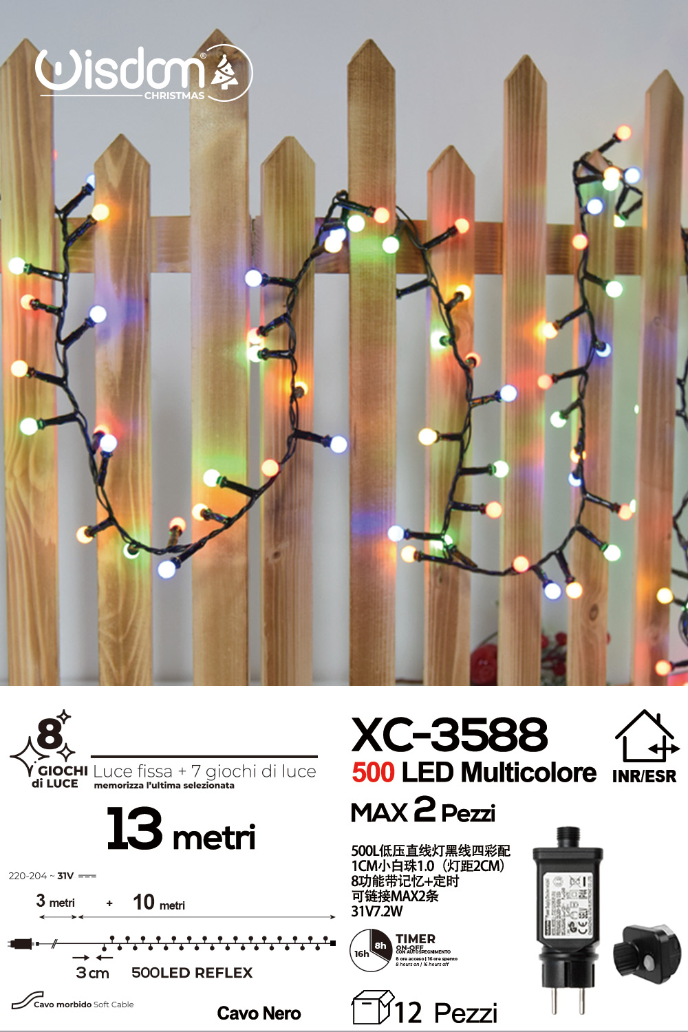 XC-3588 Catena luminosa da 13 metri a forma di perline con 500LED luce multicolor per uso interno/esterno 8 giochi luce - immagine 1