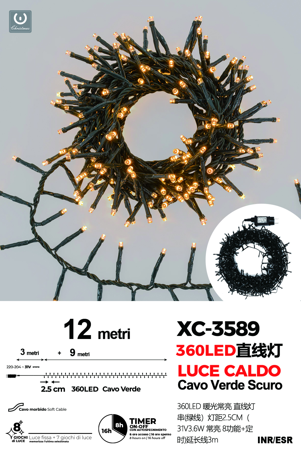 XC-3589 Catena luminosa 360 LED luce calda da 12 metri con 8 giochi di luce per uso interno/esterno funzione timer on/off - immagine 1