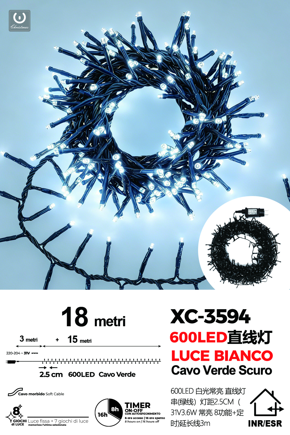 XC-3594 Catena luminosa 600 LED da 18 metri luce bianca con 8 giochi di luce per uso interno/esterno funzione timer on/off - immagine 1