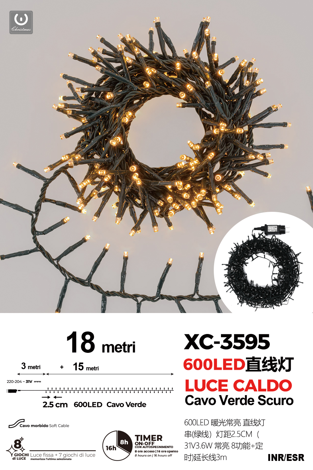 XC-3595 Catena luminosa 600 LED da 18 metri luce calda con 8 giochi di luce per uso interno/esterno funzione timer on/off - immagine 1