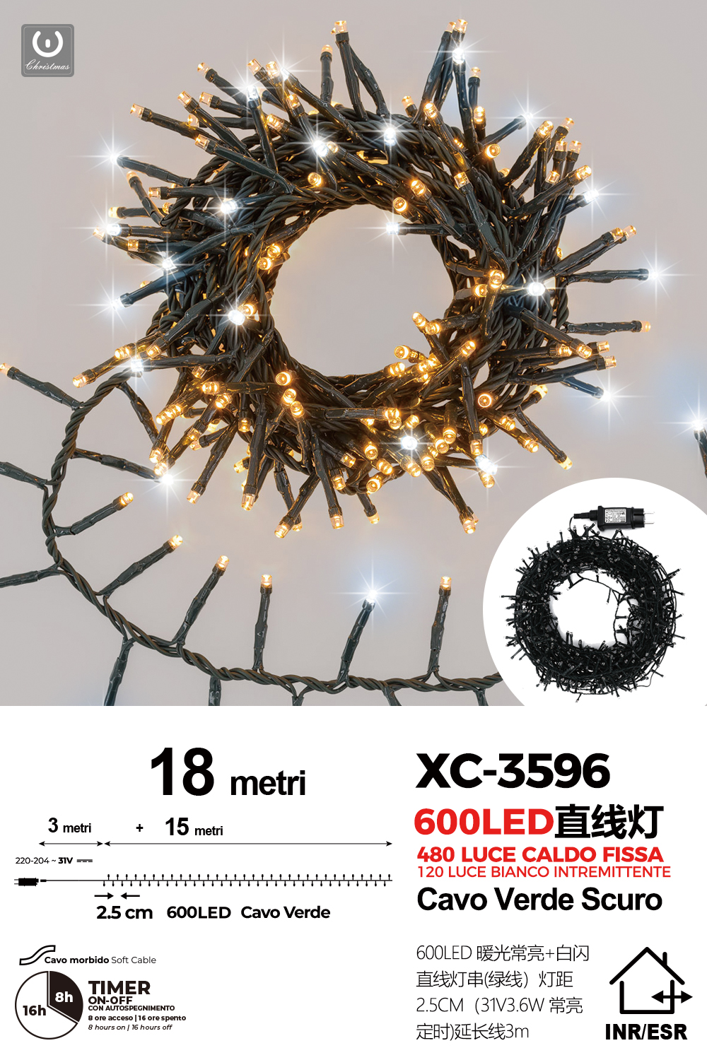 XC-3596 Catena luminosa 600 LED da 18 metri luce calda fissa+flash luce fredda con 8 giochi di luce per uso interno/esterno funzione timer on/off - immagine 1