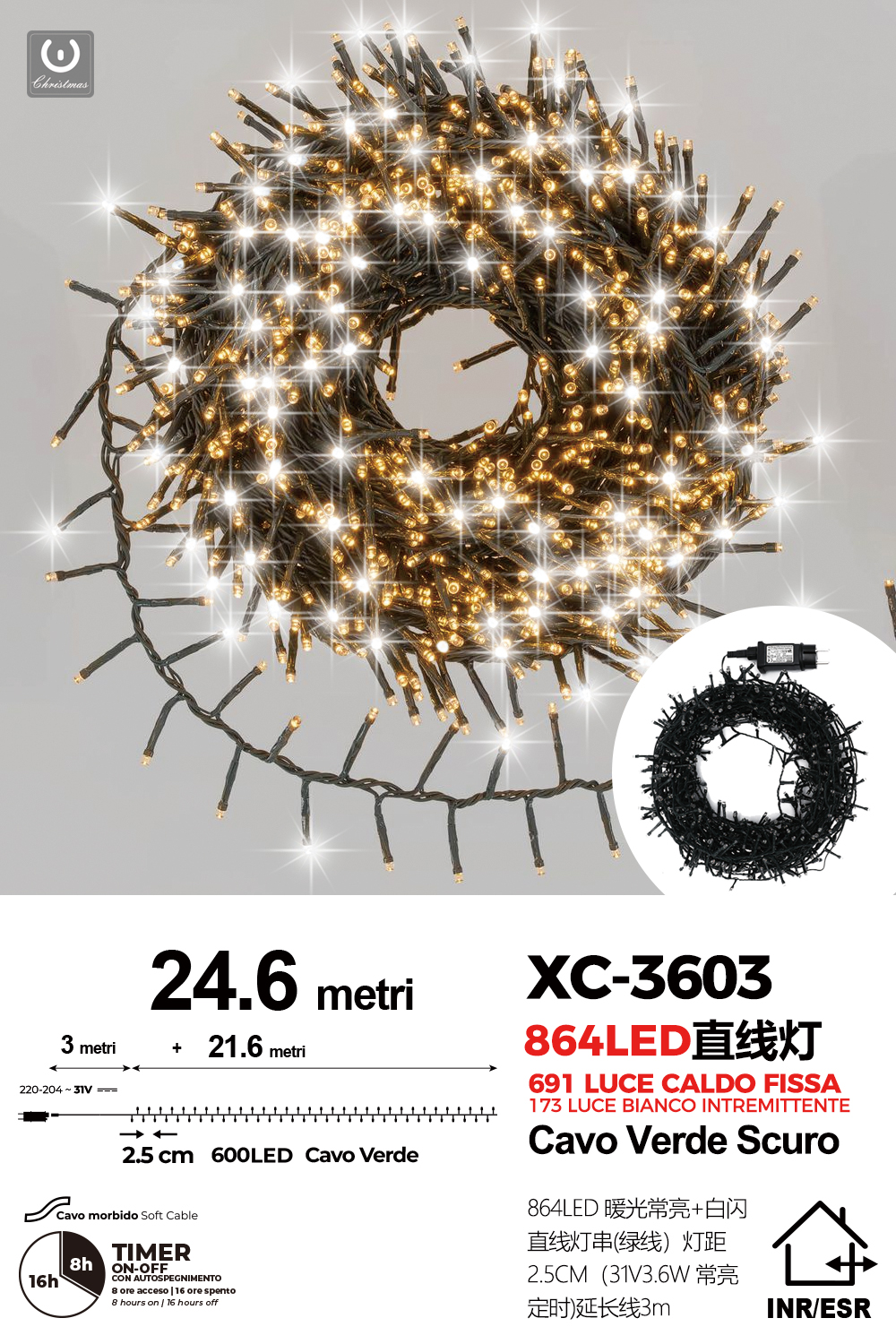 XC-3603 Catena luminosa 864 LED luce calda+flash luce fredda da 24,6 metri per uso interno/esterno funzione timer on/off - immagine 1
