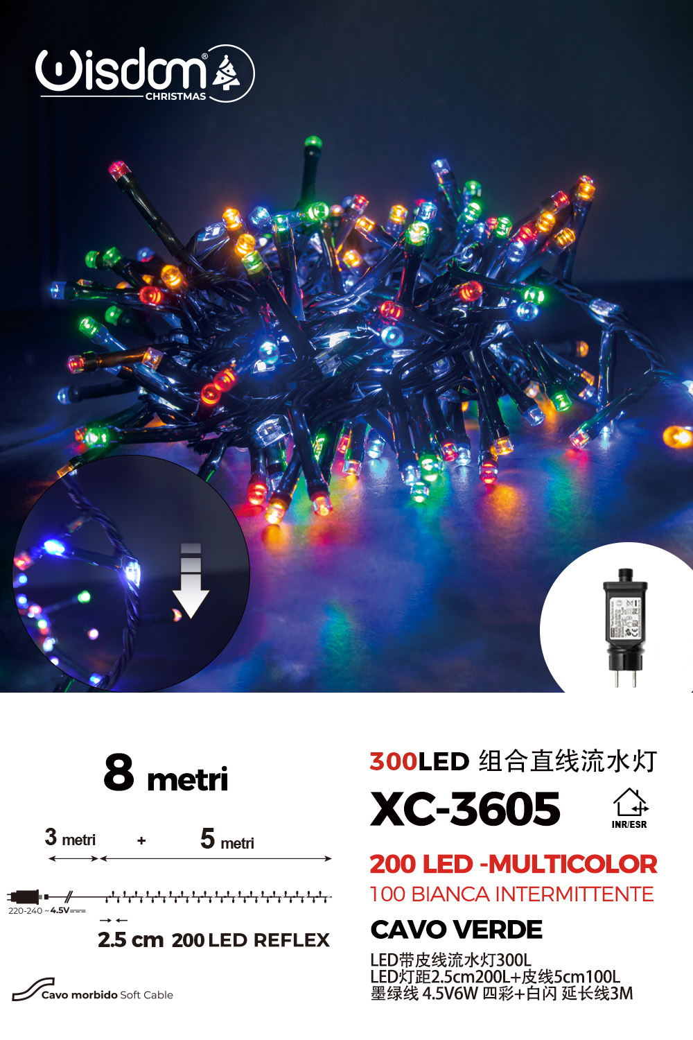 XC-3605 Catena luminosa da 8 metri con 300 LED totali luce multicolor fissa+bianca intermittente con flash per uso interno/esterno - immagine 1