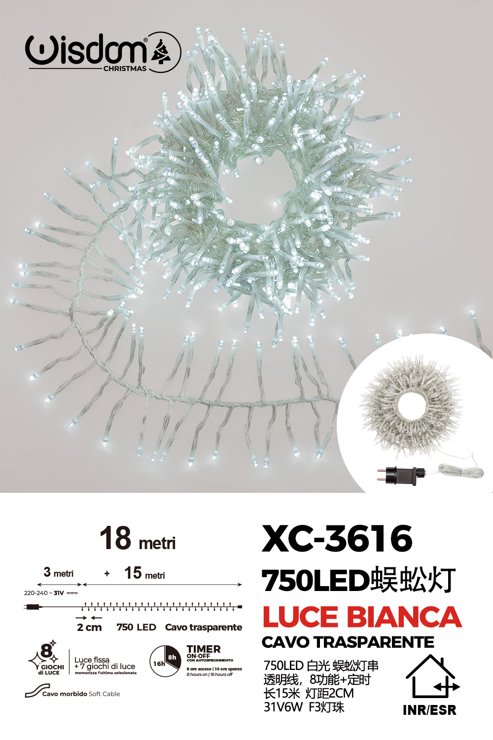 XC-3616 Catena luminosa da 18 metri con 750 LED luce fredda per uso interno/esterno funzione timer on/off 8 giochi di luce - immagine 1