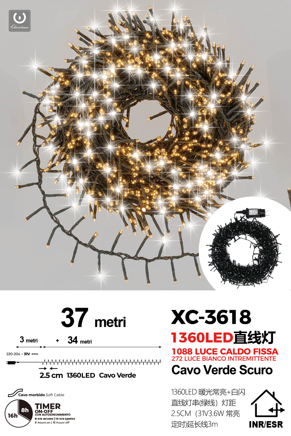 XC-3618 Catena luminosa da 37 metri con 1360 LED luce calda+luce fredda con flash chi di luce per uso interno/esterno funzione timer on/off - immagine 1