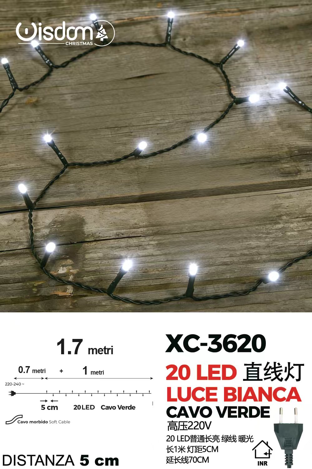 XC-3620 Catena luminosa 20 LED luce bianca da 1,7 metri alimentazione a corrente per uso interno - immagine 1