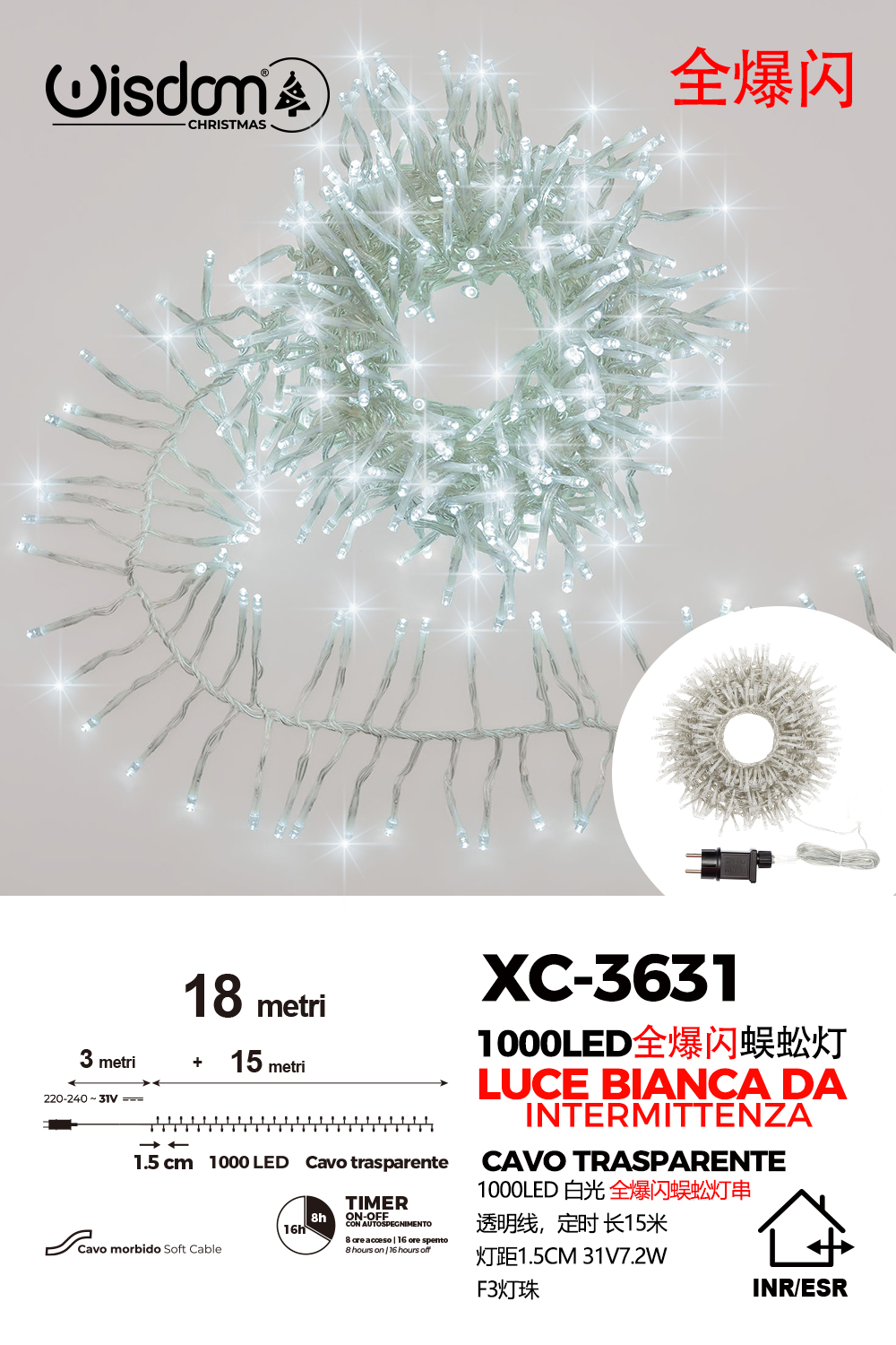 XC-3631 Catena luminosa da 18 metri con 1000 LED luce fredda intermittente con flash per uso interno/esterno funzione timer on/off - immagine 1
