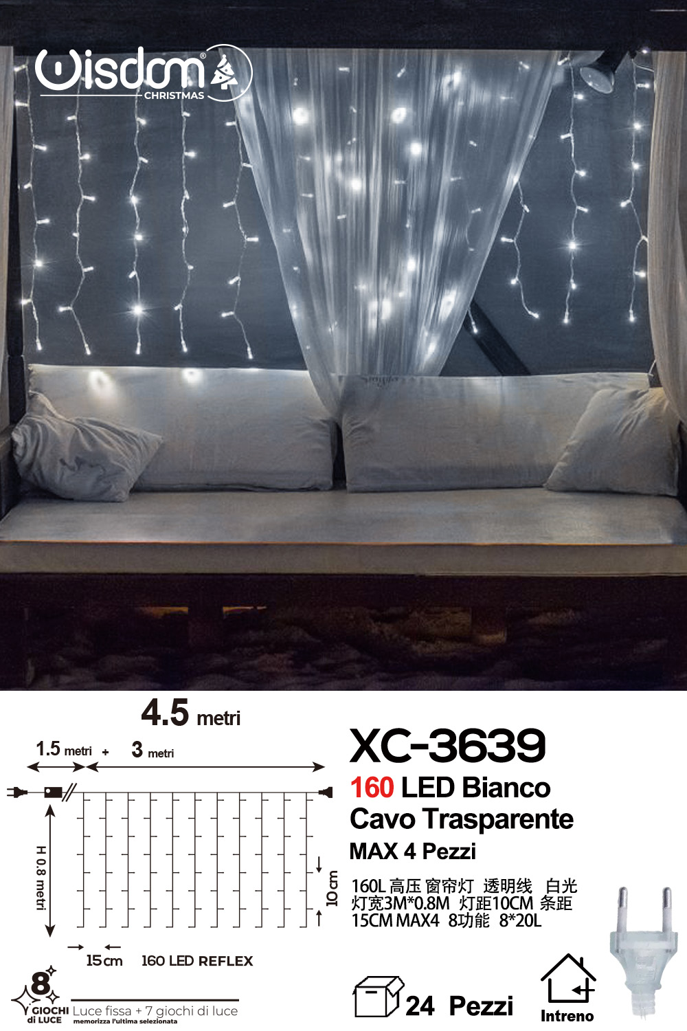 XC-3639 Tenda luminosa natalizia da 4,5 metri con 160 LED reflex luce fredda alimentazione a corrente con 8 giochi luce indicato per uso interno - immagine 1