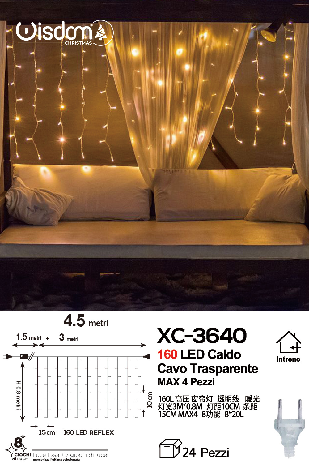 XC-3640 Tenda luminosa natalizia da 4,5 metri con 160 LED reflex luce calda alimentazione a corrente con 8 giochi luce indicato per uso interno - immagine 1
