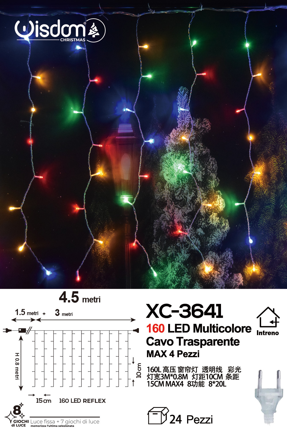 XC-3641 Tenda luminosa natalizia da 4,5 metri con 160 LED reflex luce multicolor alimentazione a corrente con 8 giochi luce indicato per uso interno - immagine 1