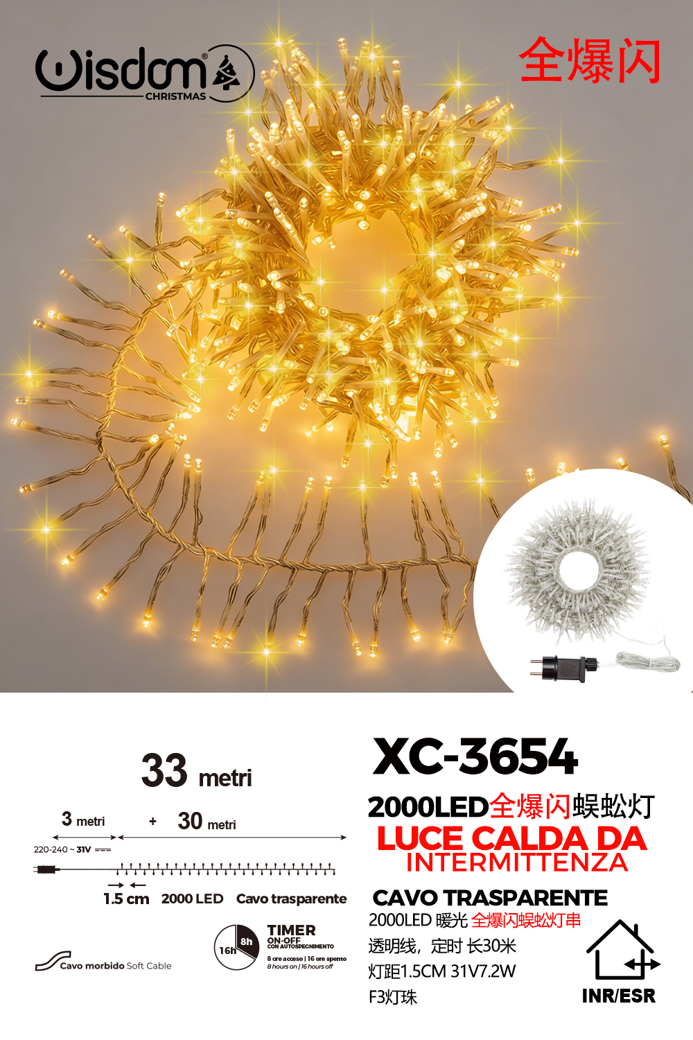 XC-3654 Catena luminosa da 33 metri con 2000 LED luce calda intermittente con flash per uso interno/esterno funzione timer on/off - immagine 1