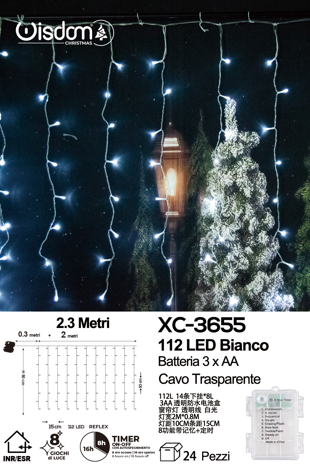 XC-3655 Tenda luminosa da 2 metri con 112 LED REFLEX luce fredda 8 giochi luce alimentazione a batteria per uso interno/esterno e funzione timer on/off - immagine 1