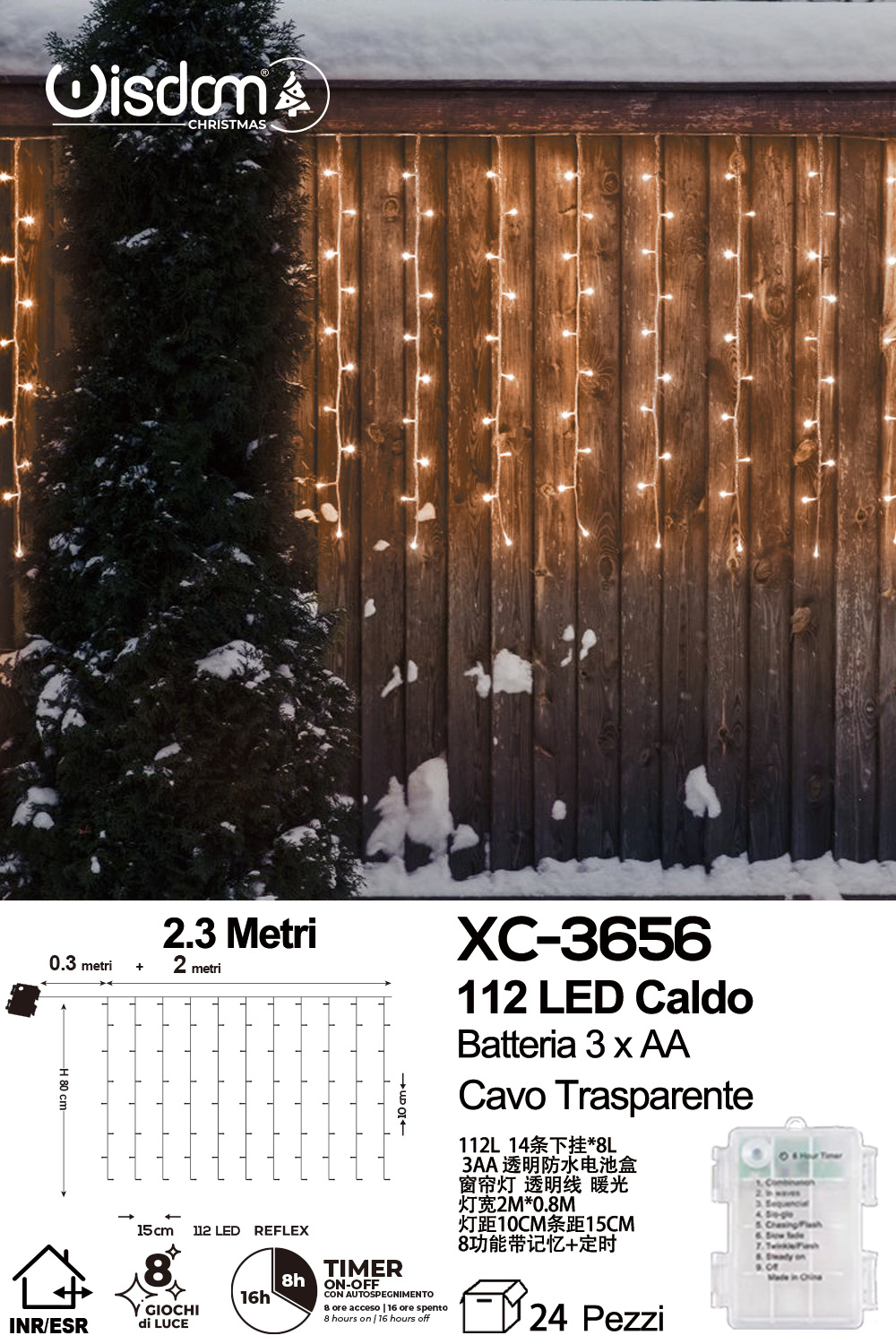 XC-3656 Tenda luminosa da 2 metri con 112 LED REFLEX luce calda 8 giochi luce alimentazione a batteria per uso interno/esterno e funzione timer on/off - immagine 1