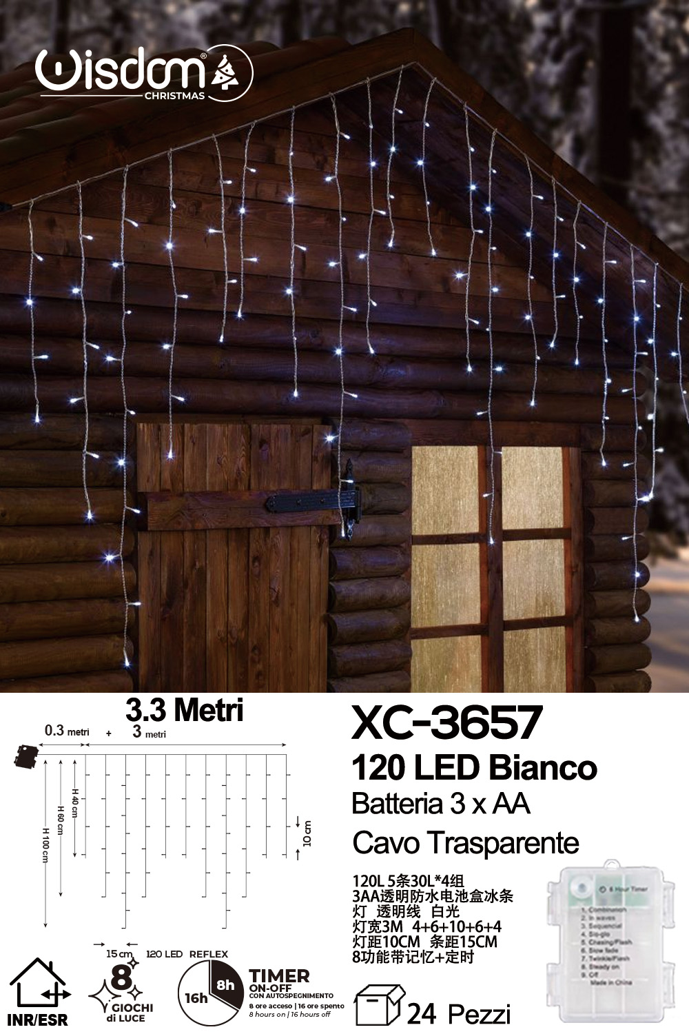 XC-3657 Tenda luminosa da 3,3 metri con 120 LED luce bianca 8 giochi luce alimentazione a batterie (3XAA non incluse) funzione timer on/off uso interno/esterno - immagine 1