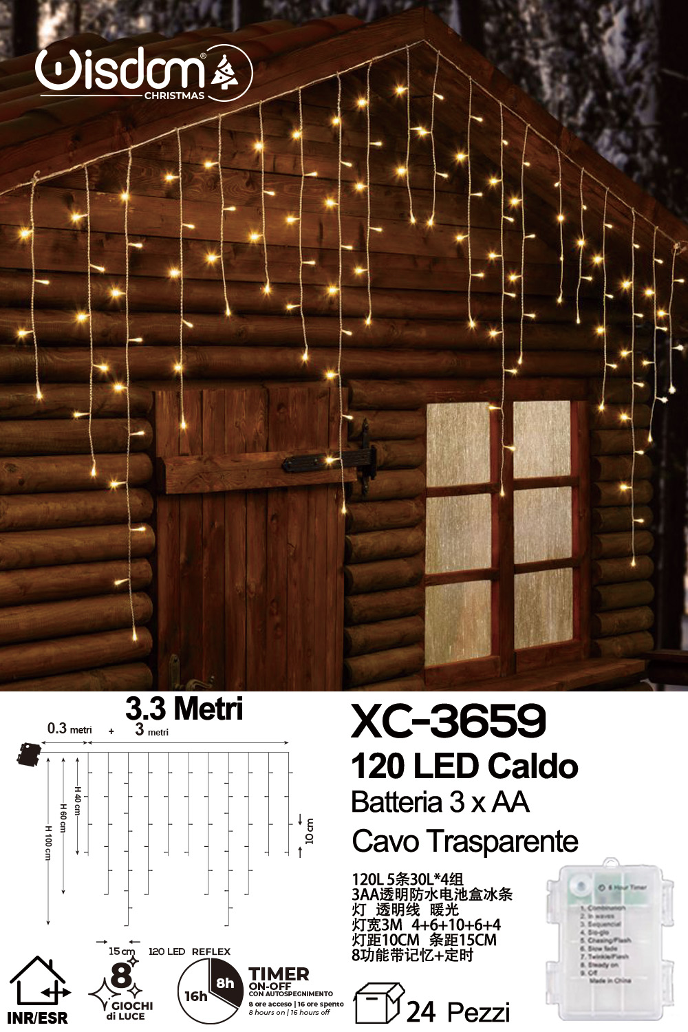 XC-3659 Tenda luminosa da 3,3 metri con 120 LED luce calda 8 giochi luce alimentazione a batterie (3XAA non incluse) funzione timer on/off uso interno esterno - immagine 1