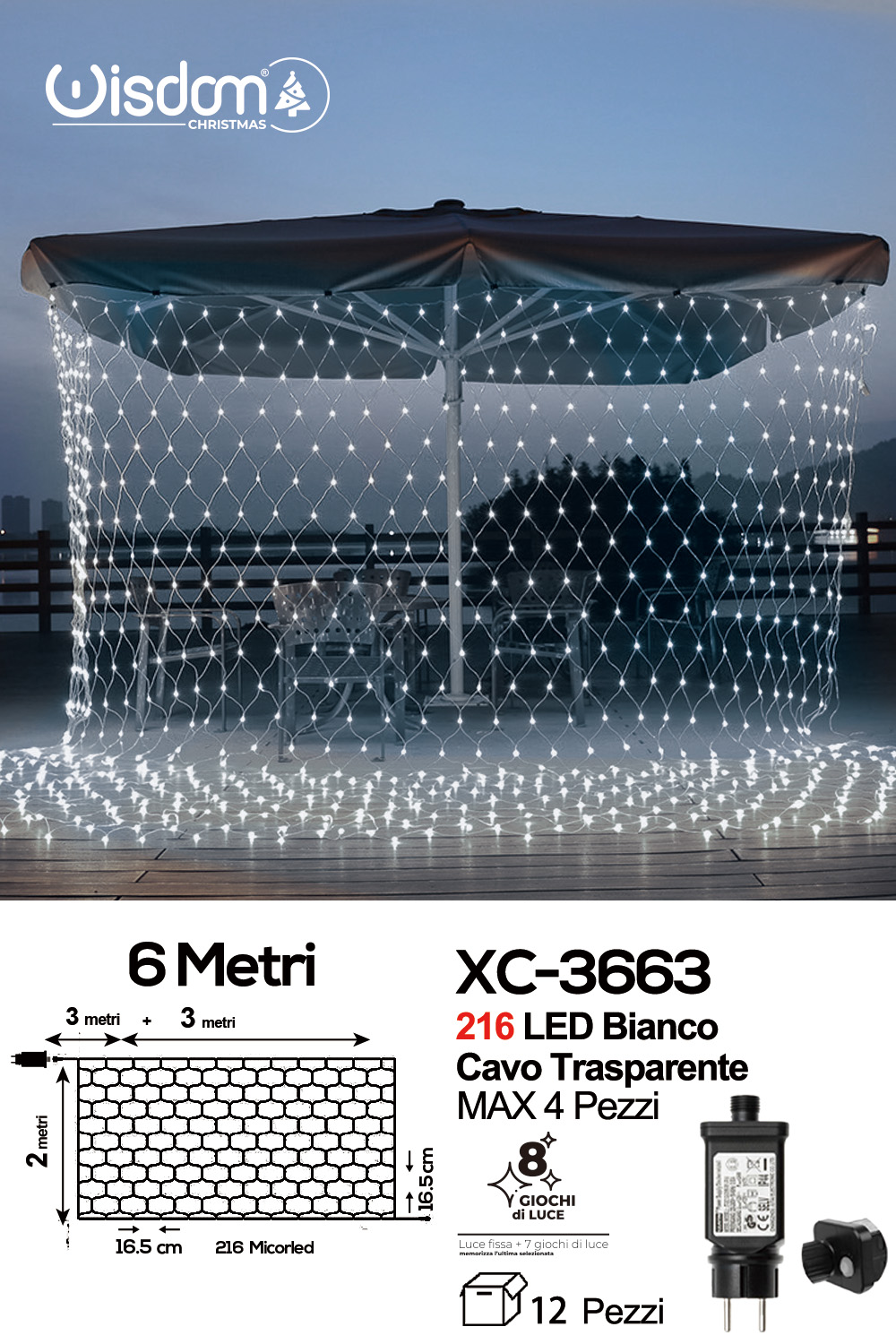 XC-3663 Tenda luminosa da 6 metri con 216 micro LED luce fredda a corrente per uso interno/esterno con 8 giochi luce - immagine 1