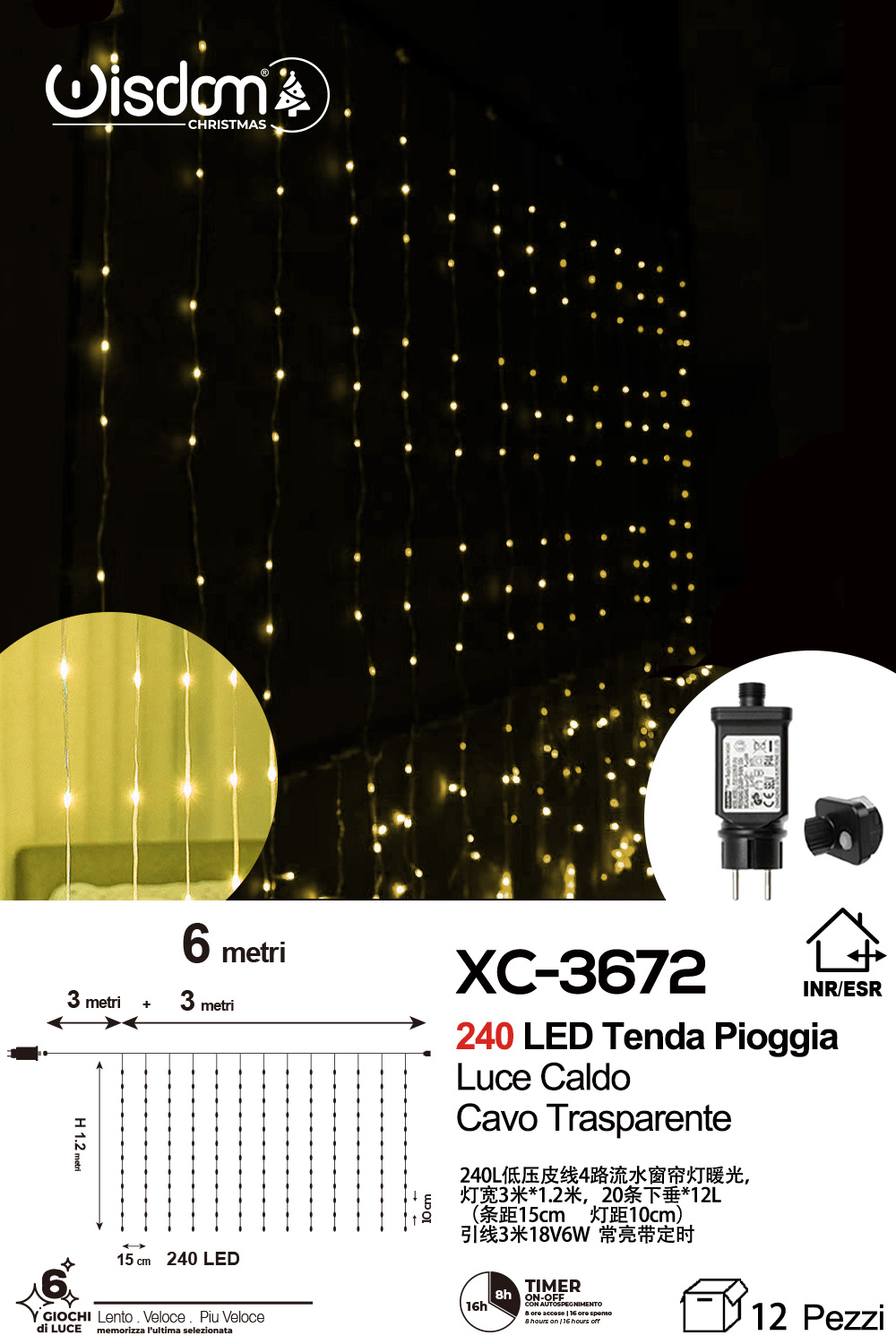 XC-3672 Tenda luminosa da 6 metri decorativa natalizia con 240 LED luce calda effetto pioggia adatto per uso interno/esterno IP44 e 6 giochi luce - immagine 1