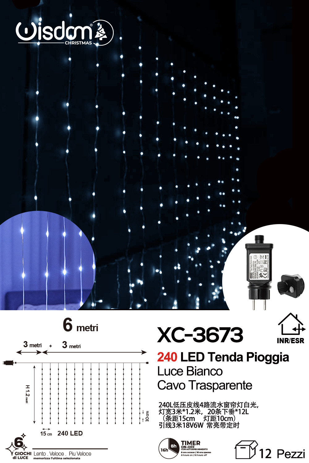 XC-3673 Tenda luminosa da 6 metri decorativa natalizia con 240 LED luce fredda effetto pioggia adatto per uso interno/esterno IP44 e 6 giochi luce - immagine 1