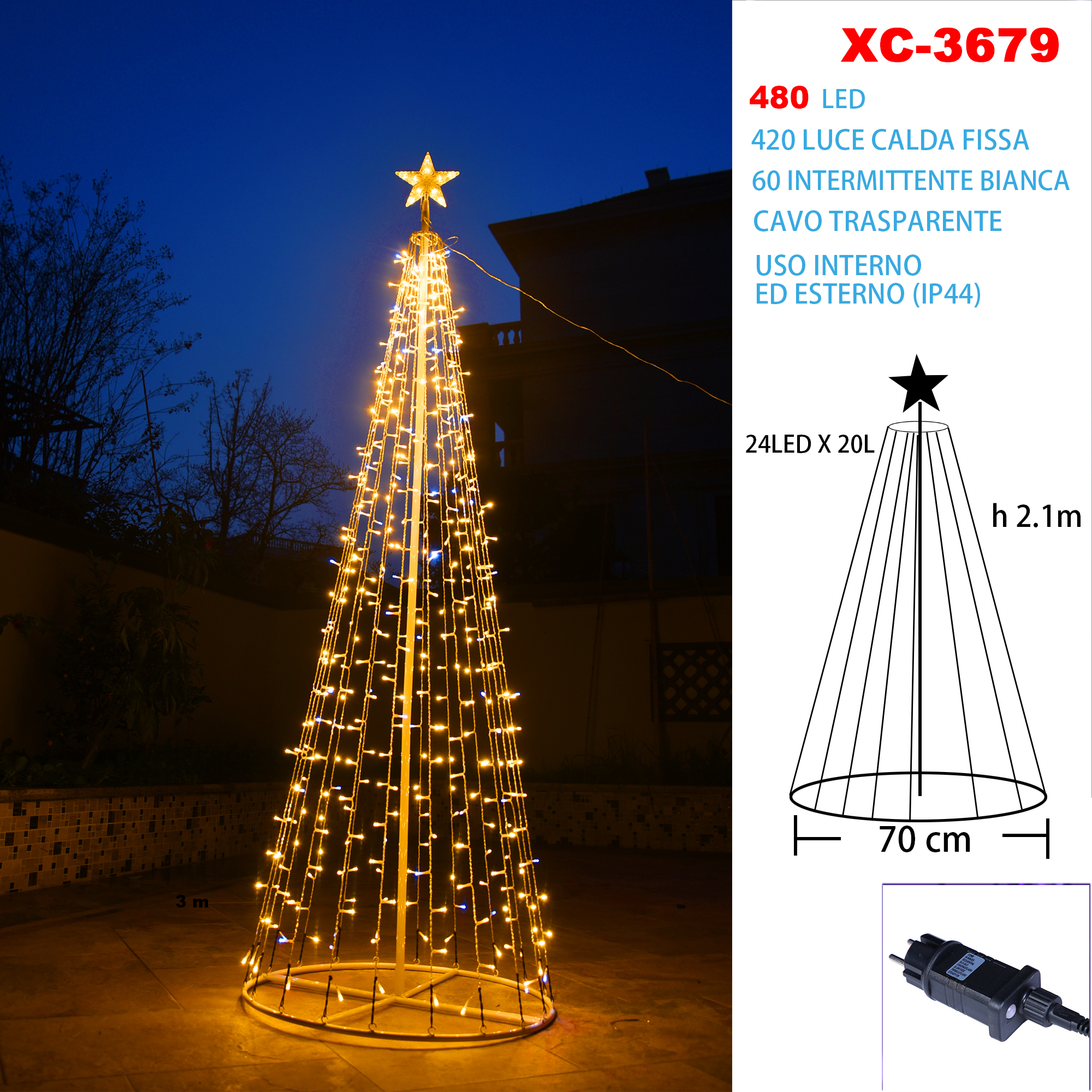 XC-3679 Albero luminoso di natale a spirale da 480 LED luce calda con flash intermittente altezza 2,1 metri indicato per uso interno/esterno IP44 - immagine 1