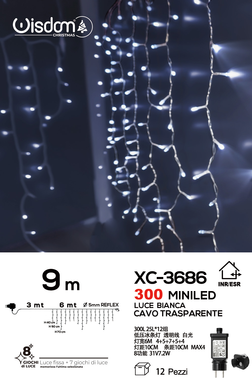 XC-3686 Tenda luminosa da 9 metri con 300 mini LED REFLEX luce fredda 8 giochi luce alimentazione a corrente per uso interno/esterno - immagine 1