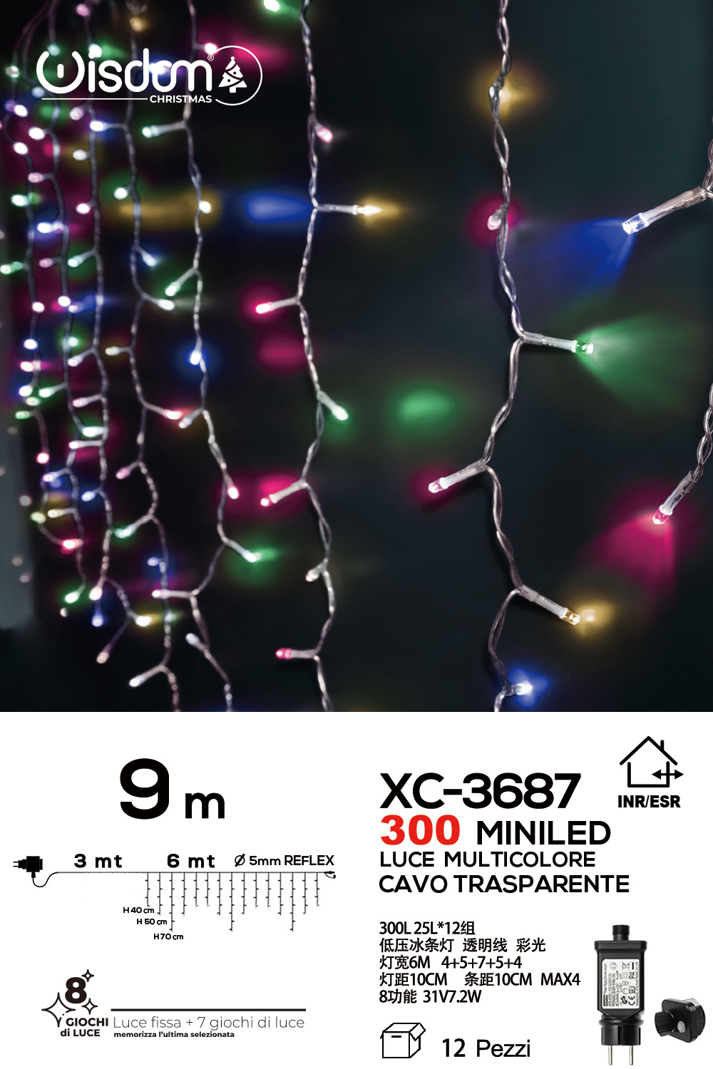 XC-3687 Tenda luminosa da 9 metri con 300 mini LED REFLEX luce multicolor 8 giochi luce alimentazione a corrente per uso interno/esterno - immagine 1