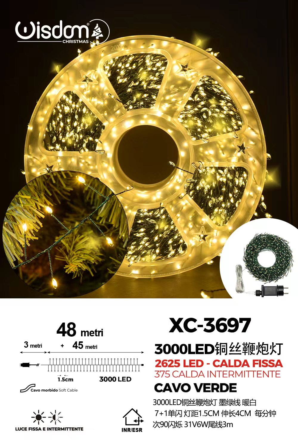 XC-3697 Catena luminosa 3000 micro LED luce calda da 48 metri con 8 giochi luce per uso interno/esterno - immagine 1