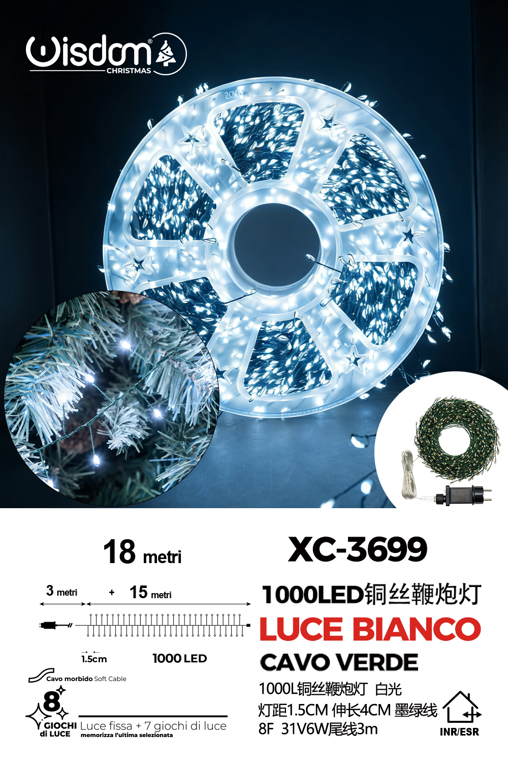XC-3699 Catena luminosa 1000 micro LED luce fredda da 18 metri con 8 giochi luce per uso interno/esterno - immagine 1
