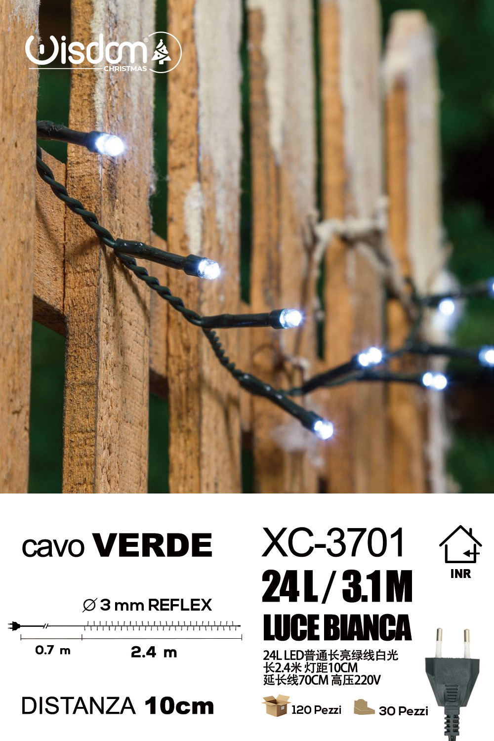 XC-3701 Catena luminosa 24 LED REFLEX luce bianca da 3,1 metri alimentazione a corrente per uso interno - immagine 1