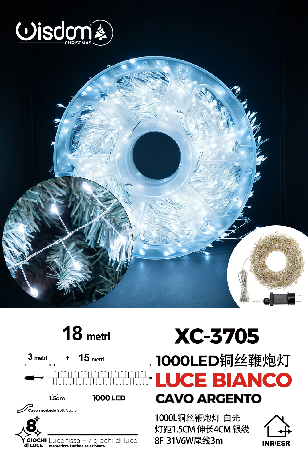 XC-3705 Catena micro LED luminosa natalizia da 18 metri luce fredda cavo con 8 giochi luce per uso interno/esterno - immagine 1