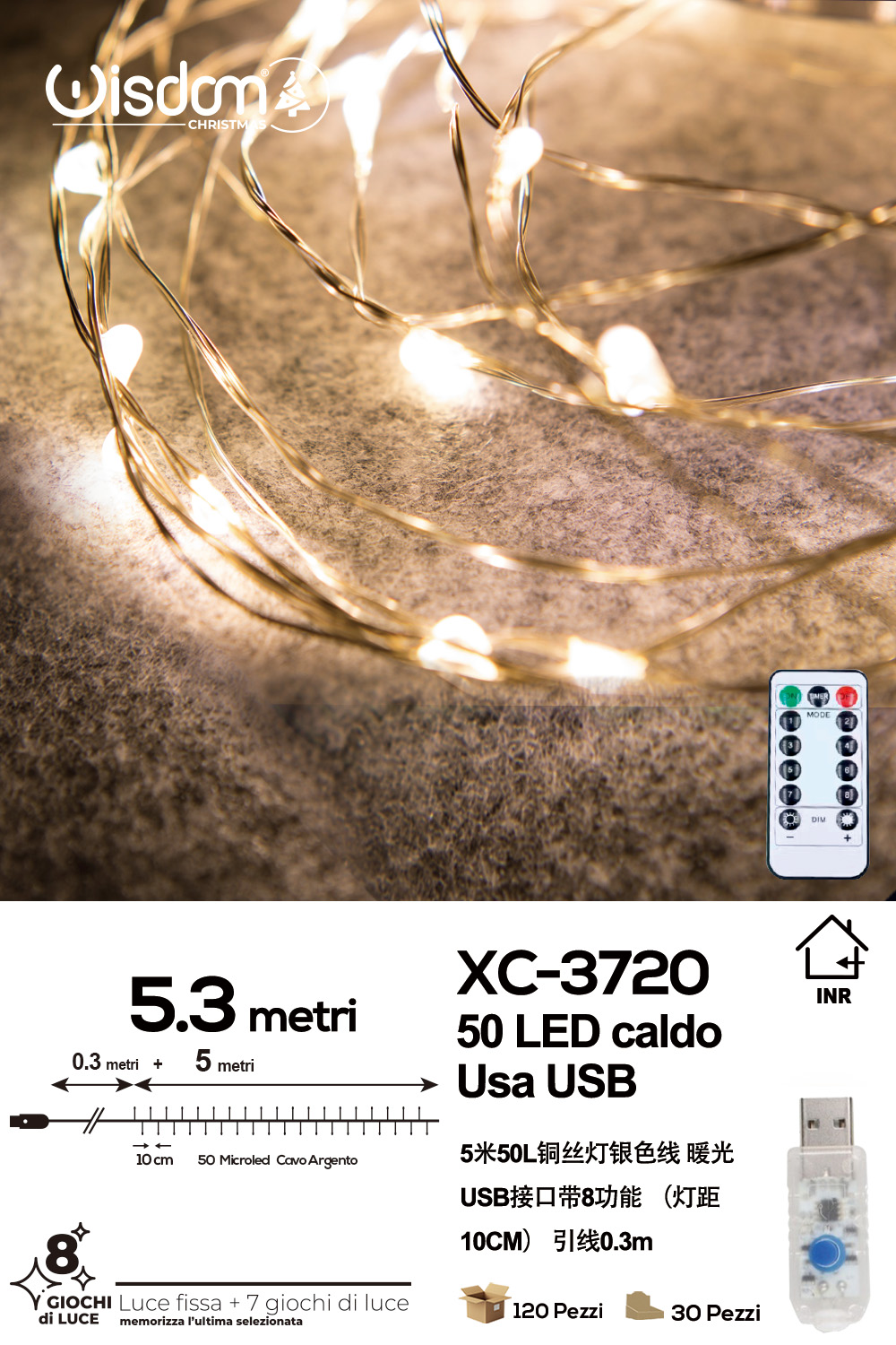 XC-3720 Catena luminosa 50 microLED luce calda da 5,3 metri alimentazione usb con telecomando 8 giochi luce per uso interno - immagine 1