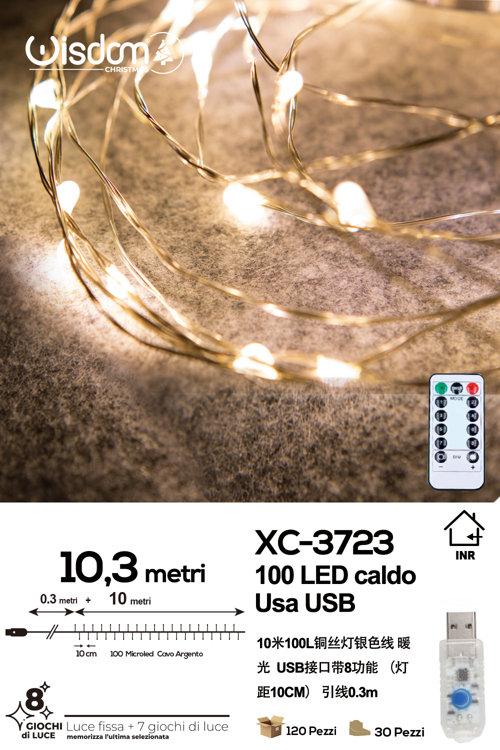 XC-3723 Catena luminosa 100 microLED luce calda da 10,3 metri alimentazione usb con telecomando 8 giochi luce per uso interno - immagine 1