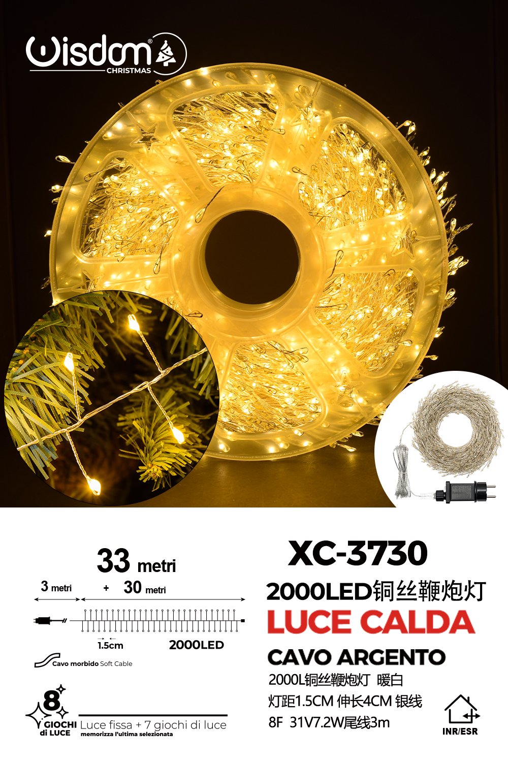 XC-3730 Catena luminosa 2000 micro LED luce calda da 33 metri con 8 giochi luce per uso interno/esterno - immagine 1