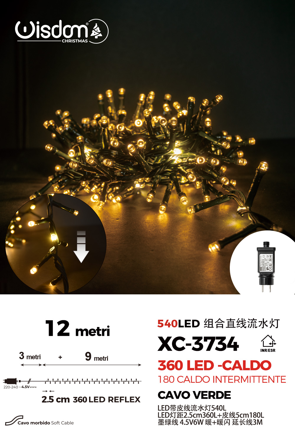 XC-3734 Catena luminosa da 12 metri con 540 LED totali luce calda fissa+intermittente con flash per uso interno/esterno - immagine 1