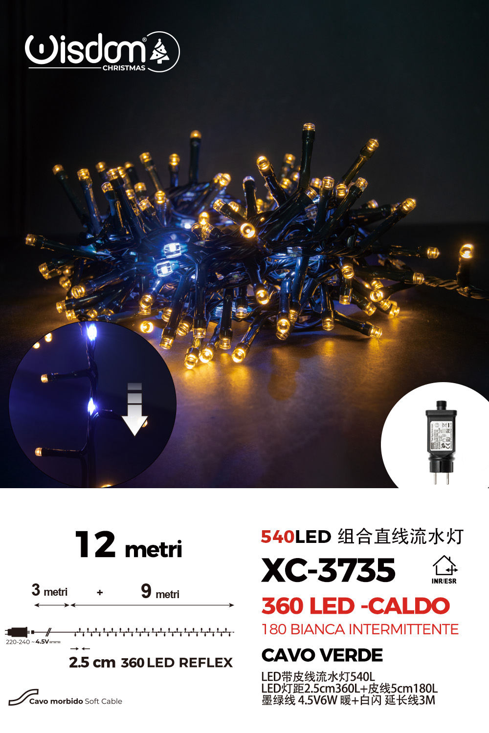 XC-3735 Catena luminosa da 12 metri con 540 LED totali luce calda fissa+bianca intermittente con flash per uso interno/esterno - immagine 1